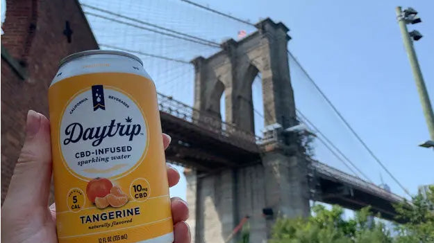 A can of daytrip cbd sparkling water held up by hand in front of the brooklyn bridge